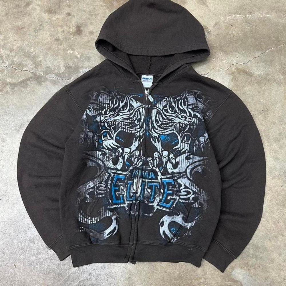 2000s Y2K mma elite dragon grunge Brown zip up hoodie essential